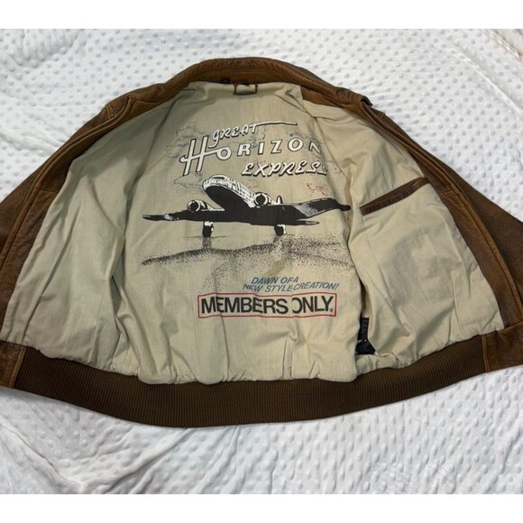 VTG Members Only 90s Brown Distressed Leather Bomber Flight Jacket Mens 42/Large - Picture 3 of 11